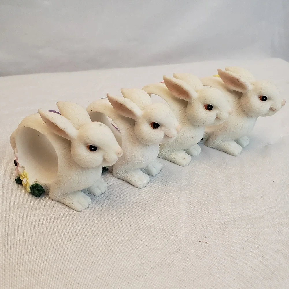 Set of 4 Bunny Napkin Rings Holders Flowers Ribbons Purple Blue‎ Pink Yellow
